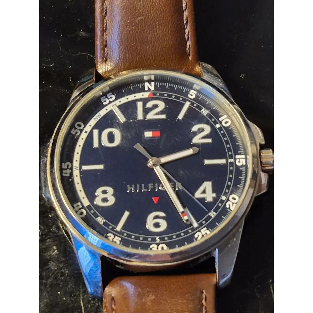 Tommy Hilfiger Men's Watch Large Dial Stainless Steel‎ Case Brown Leather Strap